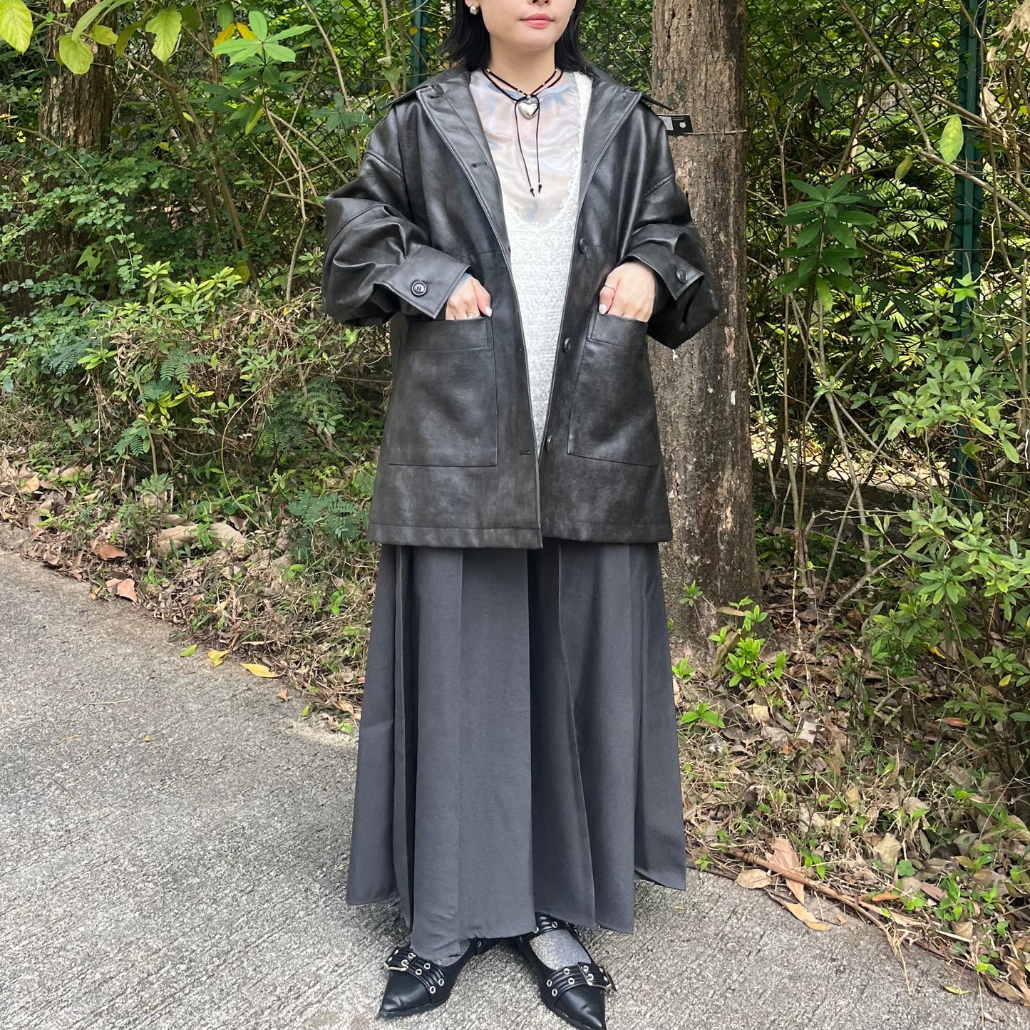 JK38- Faux Leather Coverall Jacket | Brown | Charcoal