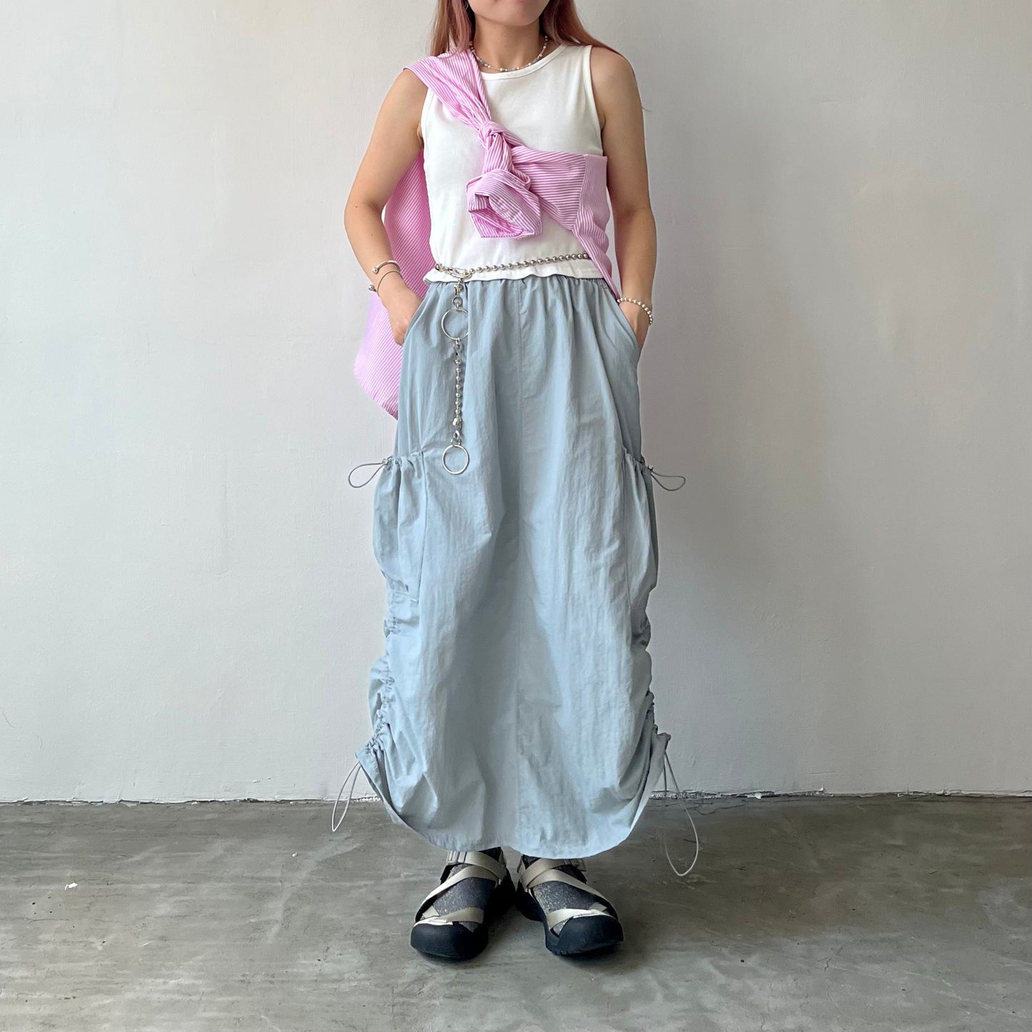 SK32- Two Drawstring Pocket Skirt | White | Blue | Black