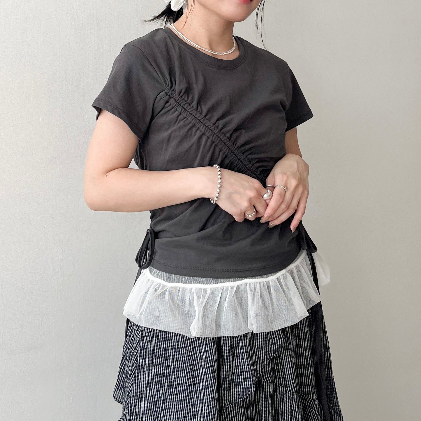 TP646- Drawstring Top | White | Charcoal