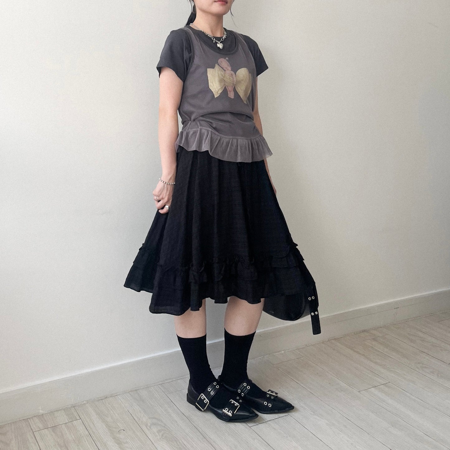 TP639- Baby Ribbon Top | White | Charcoal