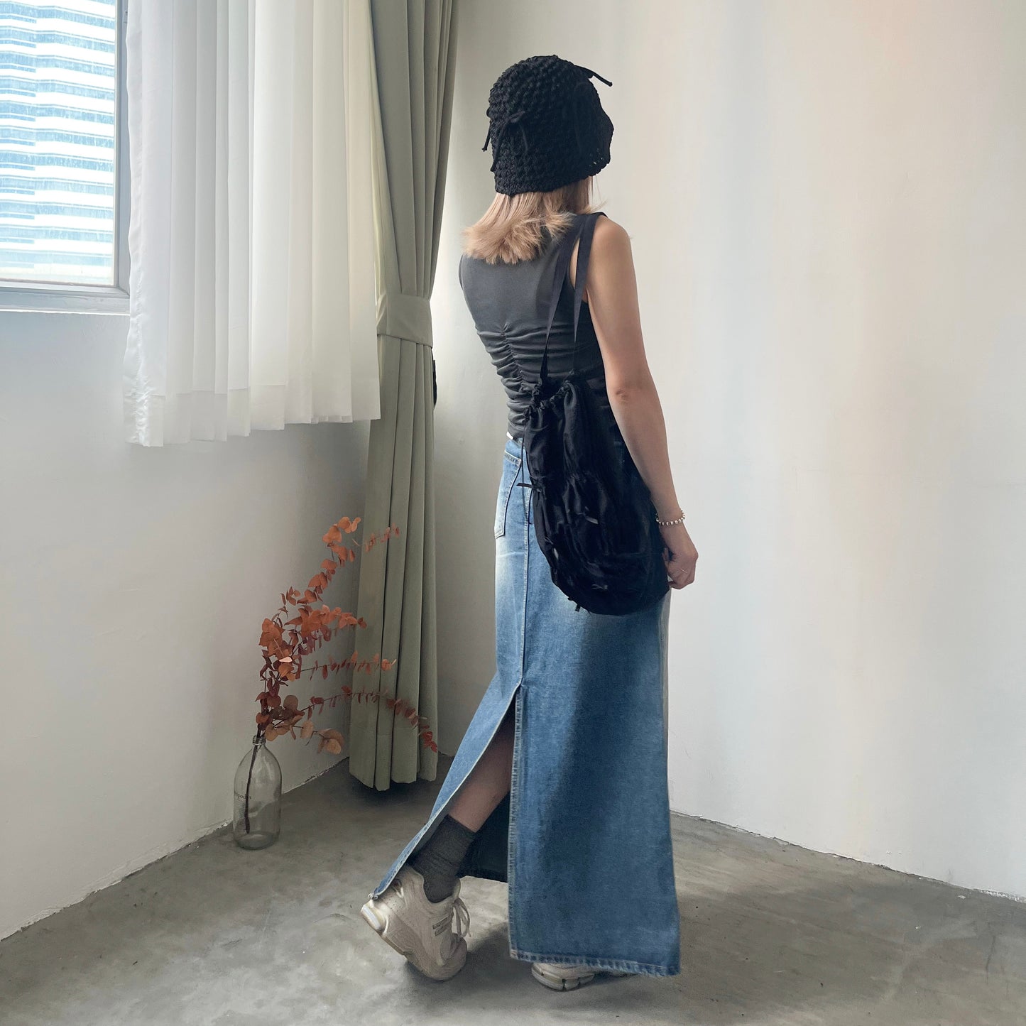 SK41- Straight Line Denim Skirt | Navy | Black