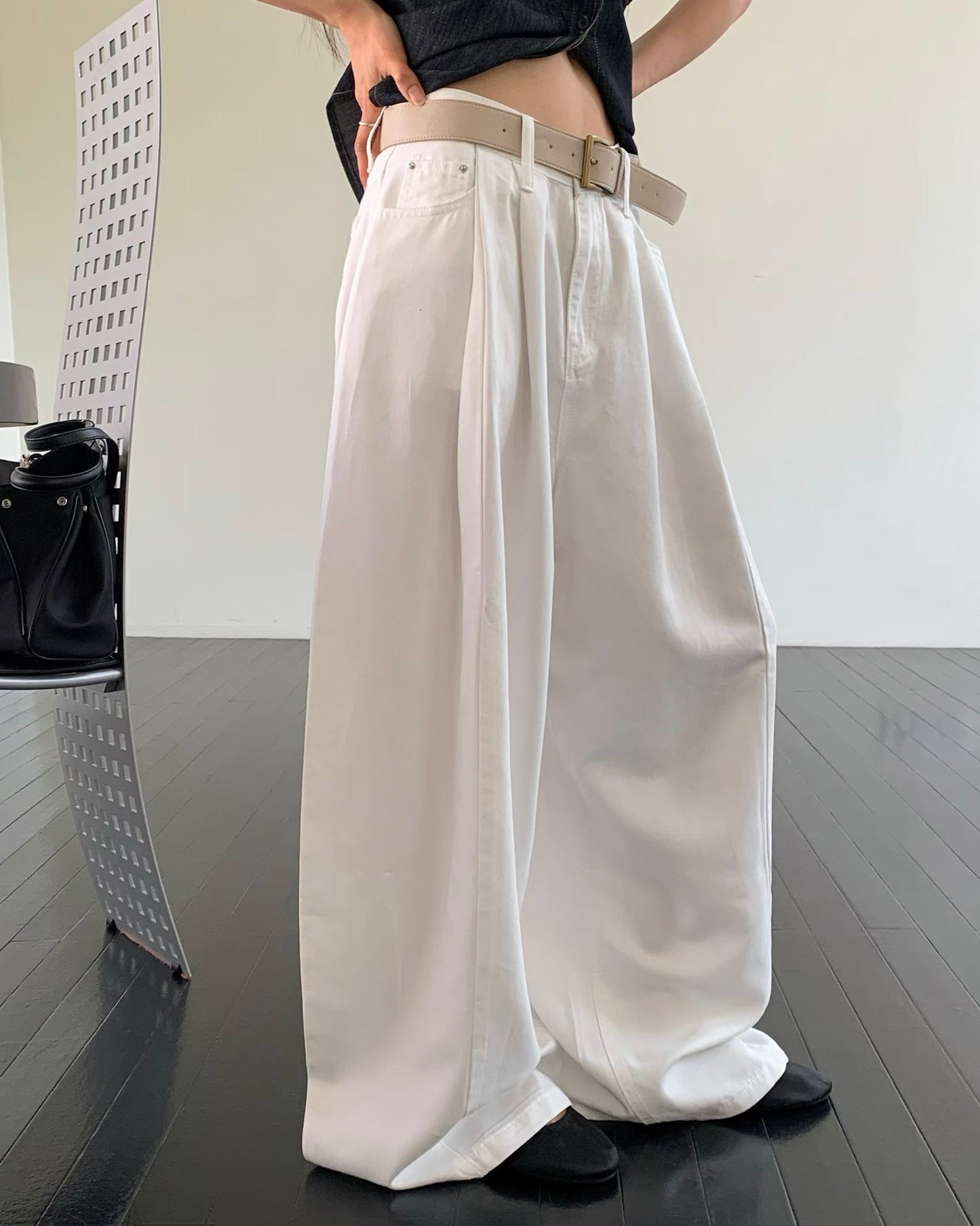 PT115- Soft Wide Leg Pants | White | Beige Grey ( S / M )