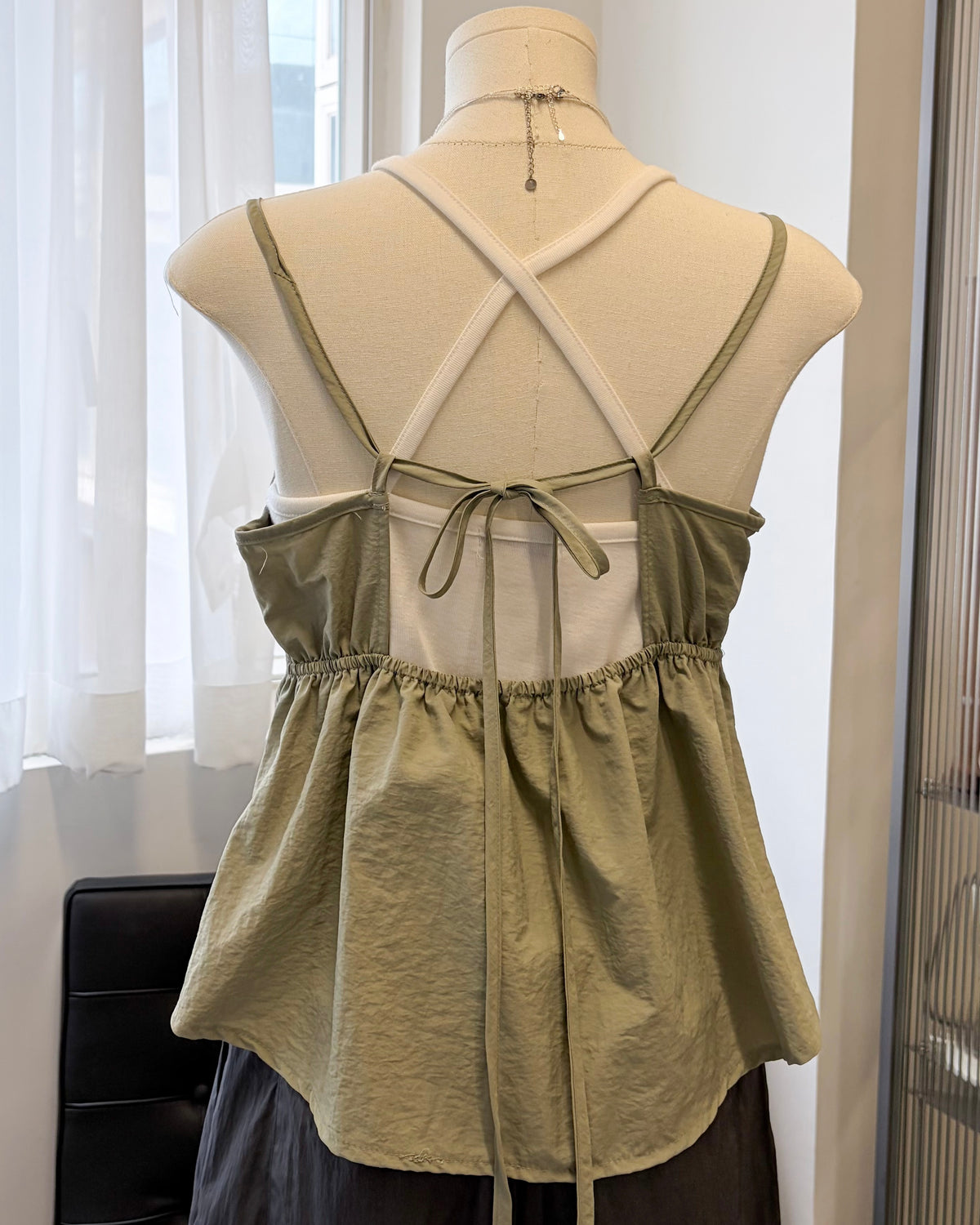 TP832- Back Ribbon V Neck Vest | White | Light Green | Black