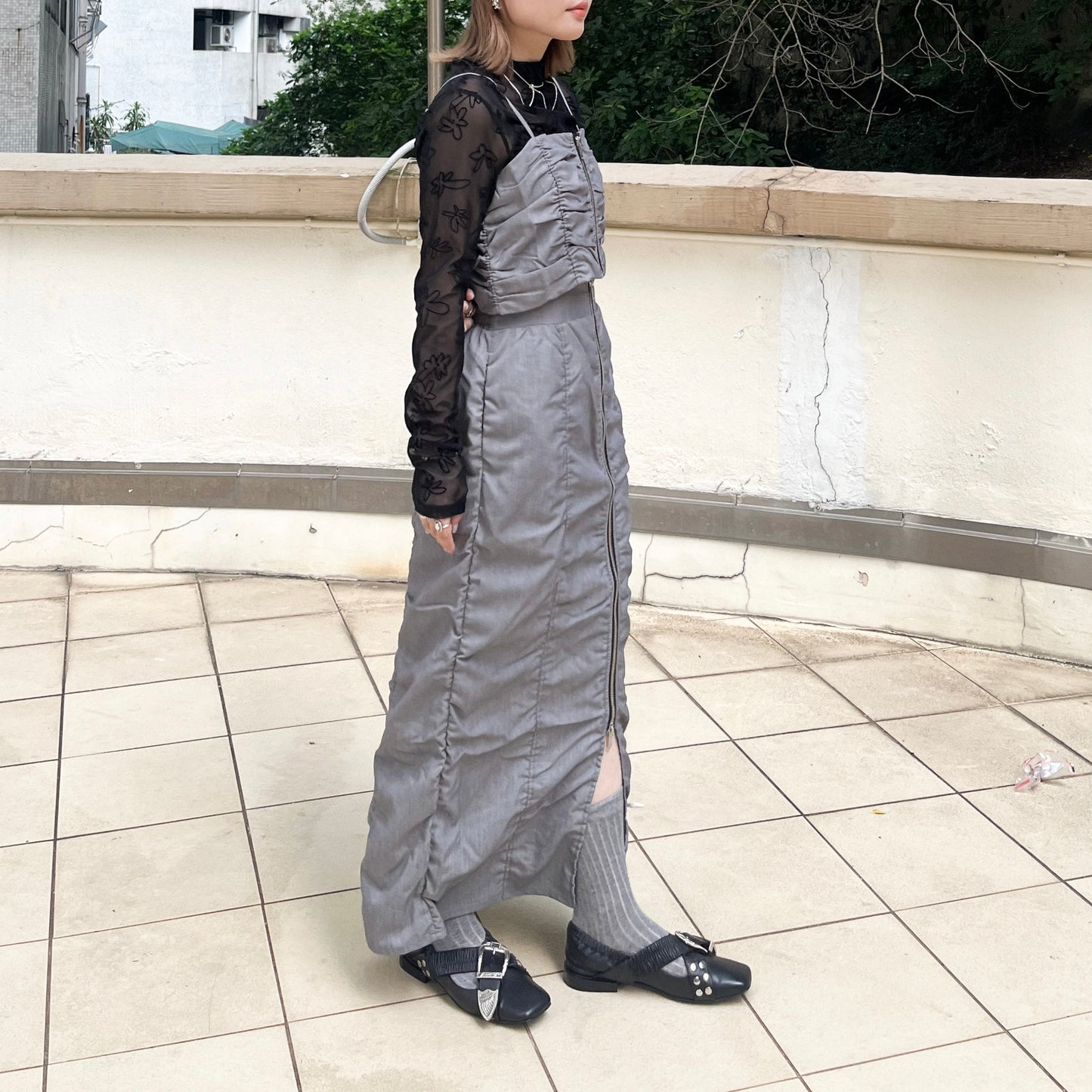 SK87- Shirring Zip line Skirt | Grey | Black
