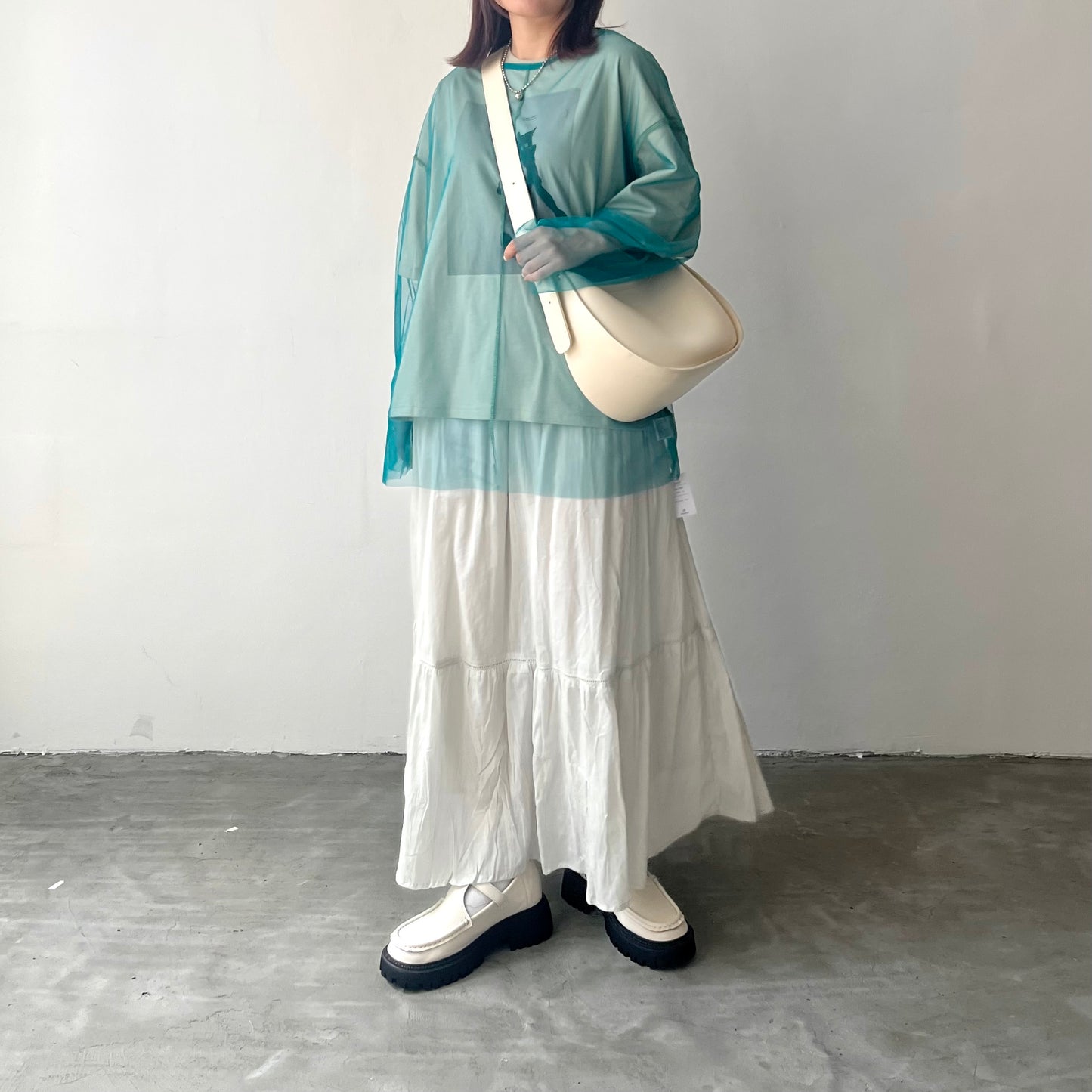 TP172- See through Long Tee | Ivory | Blue Green | Black