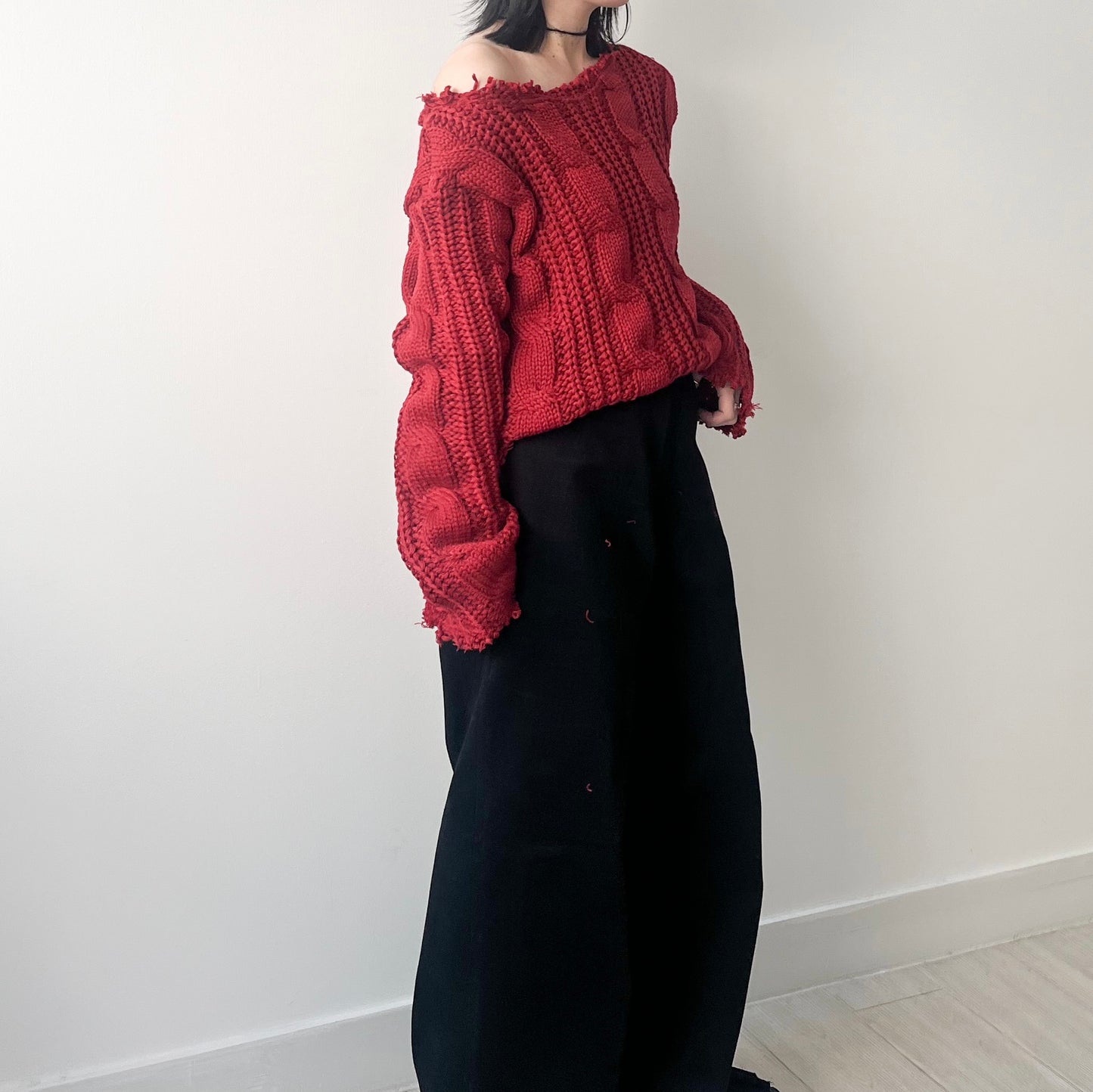 TP443- 破邊粗冷衫 | Ivory | Red | Grey | Black