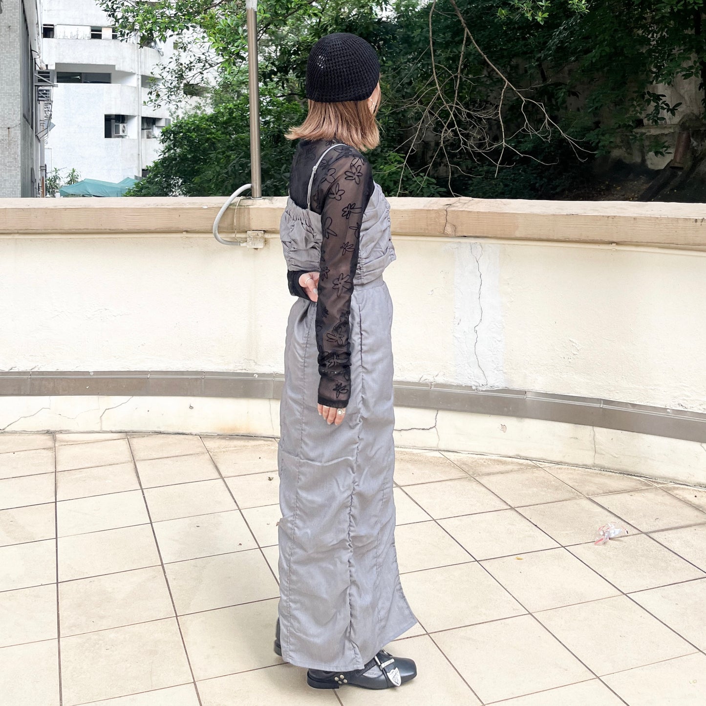 SK87- Shirring Zip line Skirt | Grey | Black