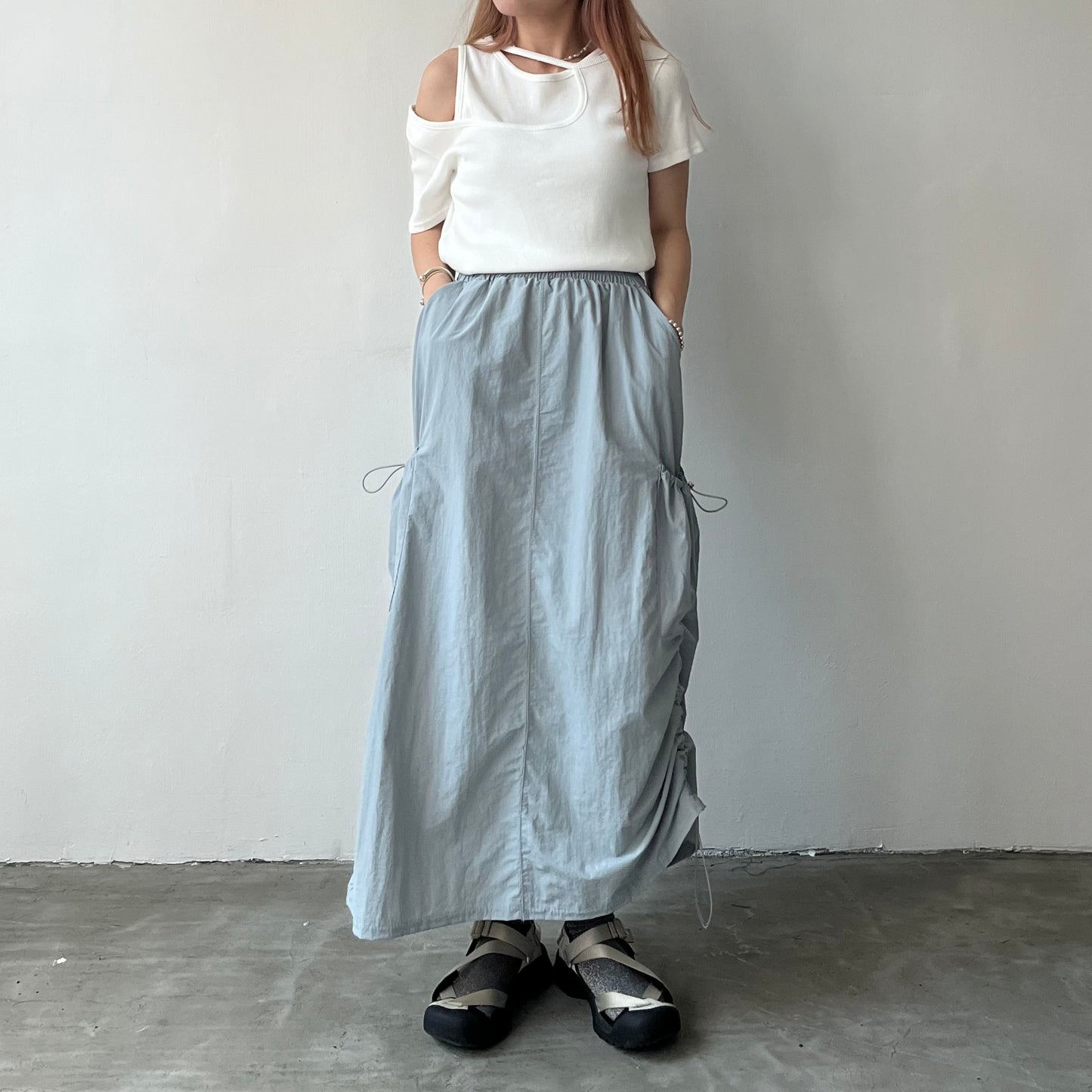 SK32- Two Drawstring Pocket Skirt | White | Blue | Black