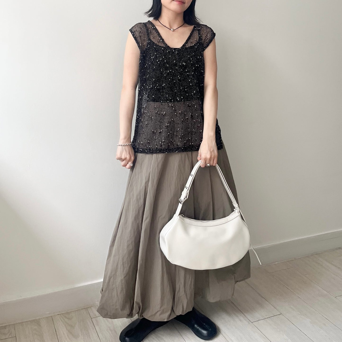 BG41- 2Way Shoulder Bag ( Vegan Leather ) | Ivory | Black