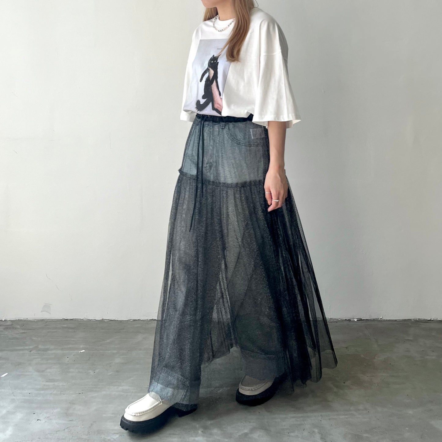 SK34- See through layer Skirt | Ecru | Black