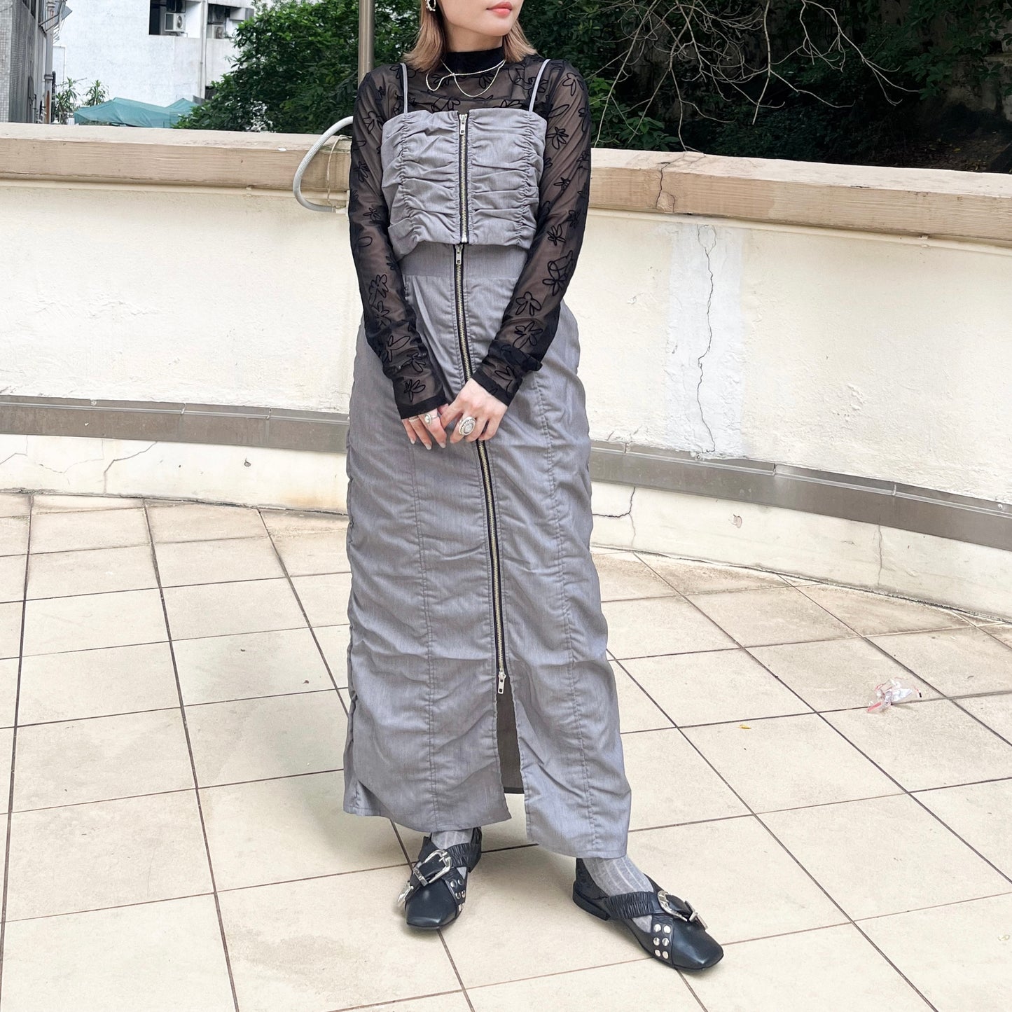 SK87- Shirring Zip line Skirt | Grey | Black