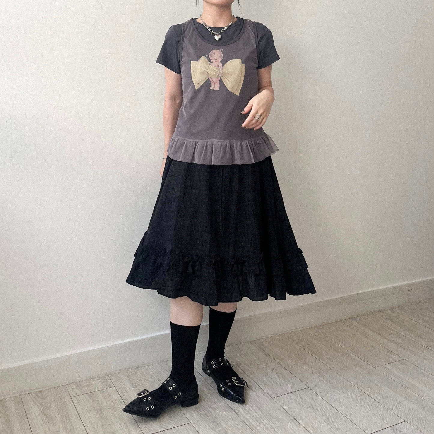 TP639- Baby Ribbon Top | White | Charcoal