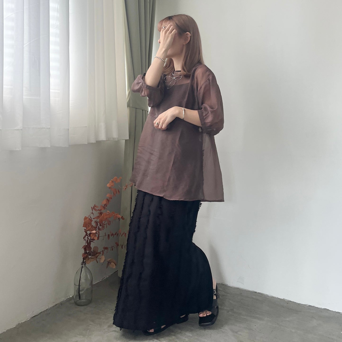 TP191- Bubble Sleeve Top | Ivory | Brown