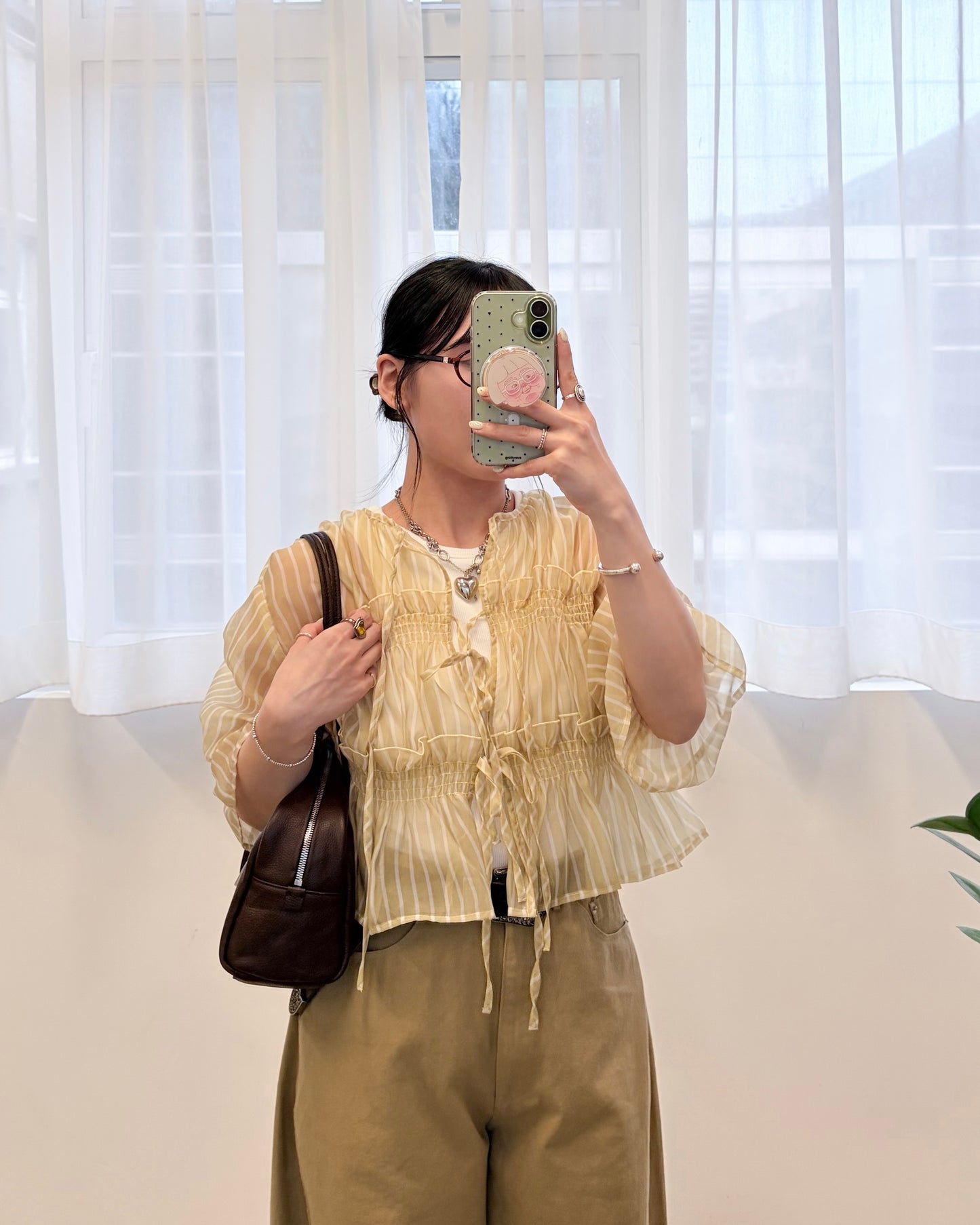 TP802- Front Ribbon Sheer Blouse | White | Blue | Stripe Yellow | Stripe Blue