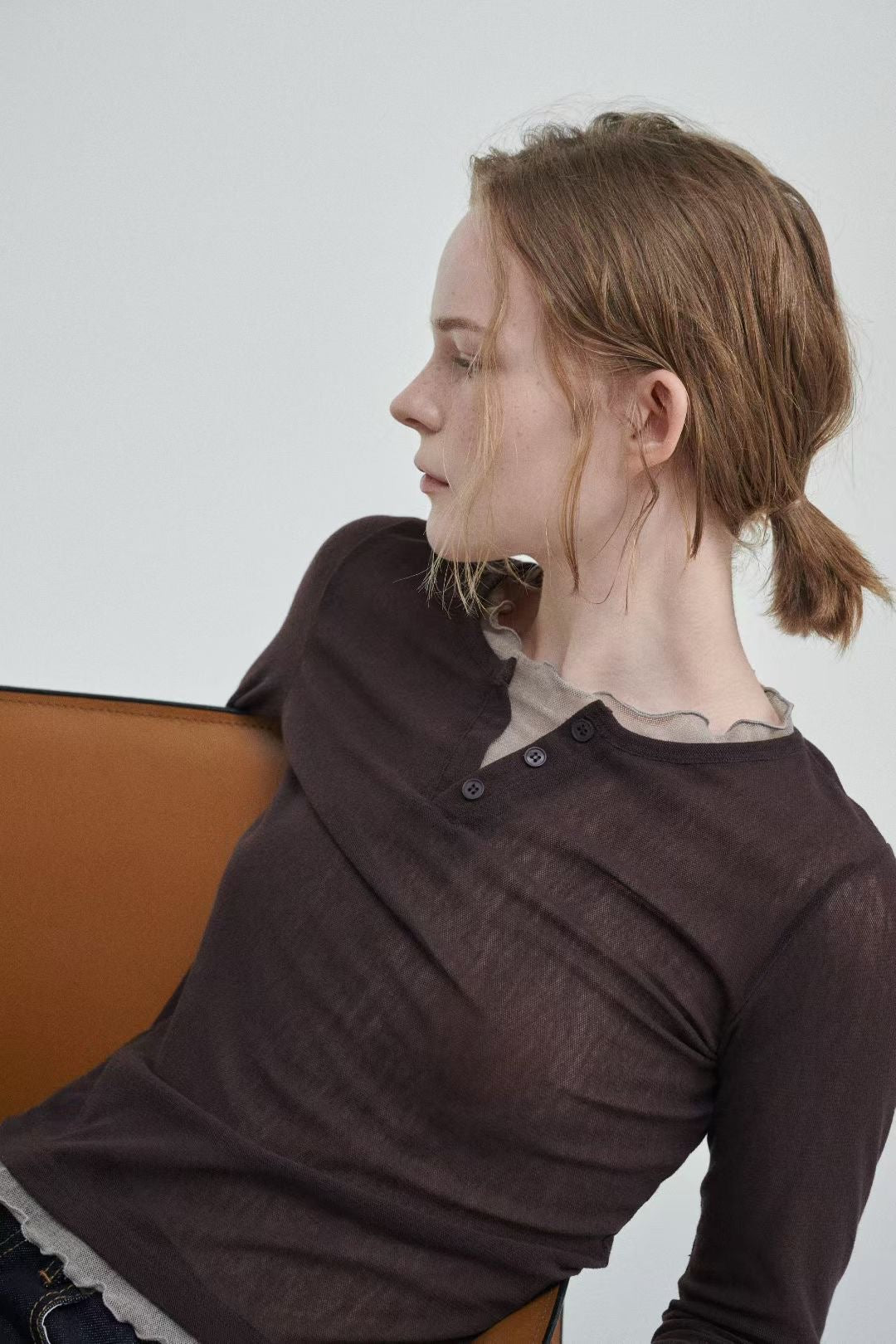 "早鳥優惠" TP665- layer Sheer Top | Brown | Navy
