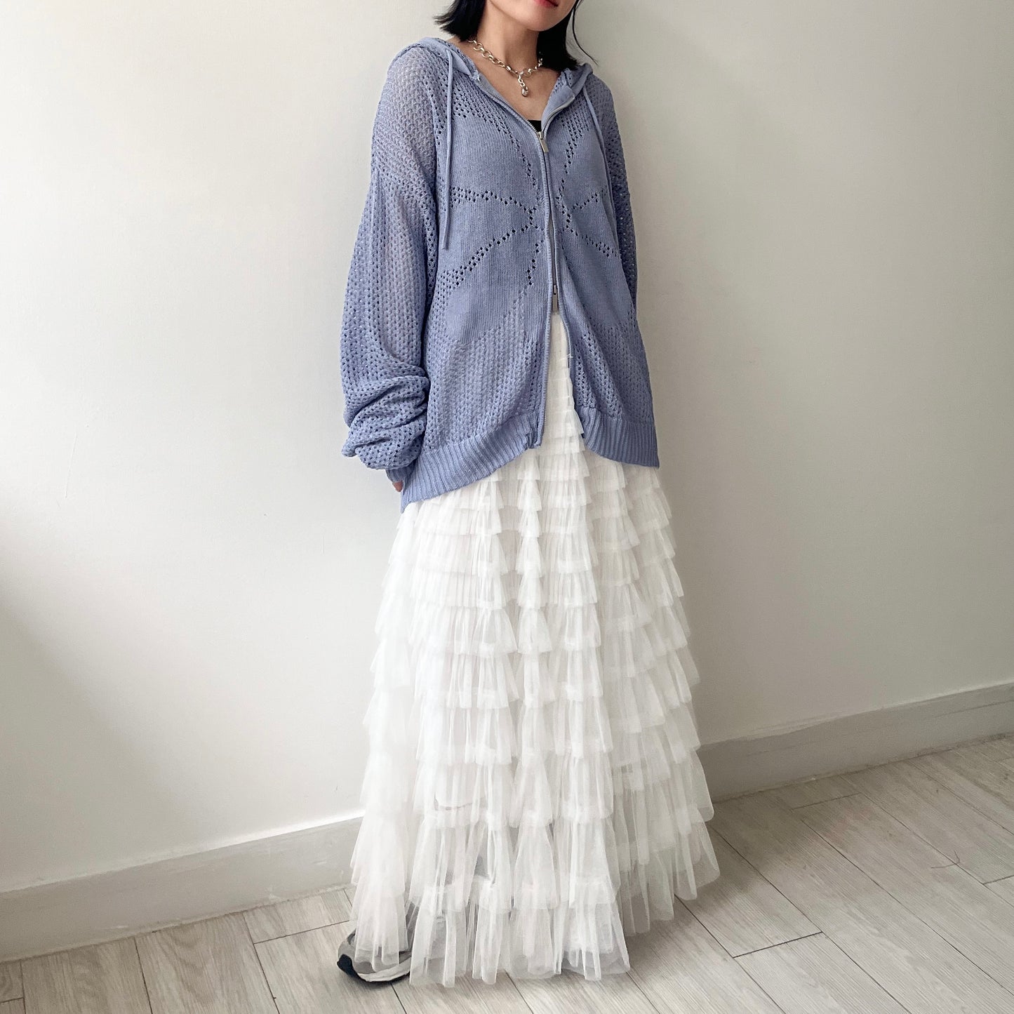 JK40- UNISEX Fafa Mesh Cardigan | Ivory | Sky Blue | Charcoal | Black