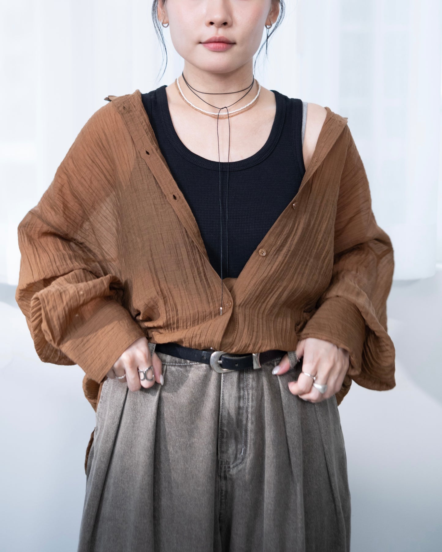 TP666- Crinkle Puff Sleeve Sheer | White | Brown | Black