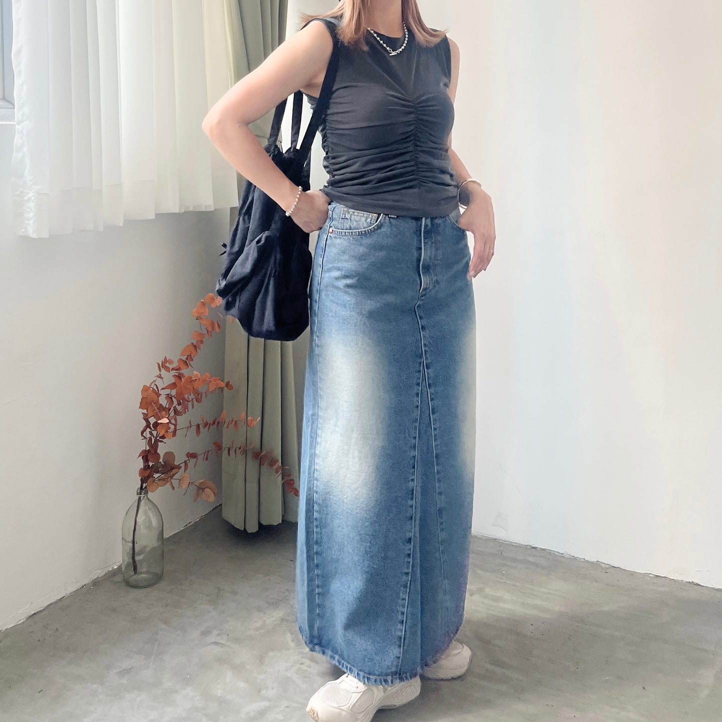 SK41- Straight Line Denim Skirt | Navy | Black