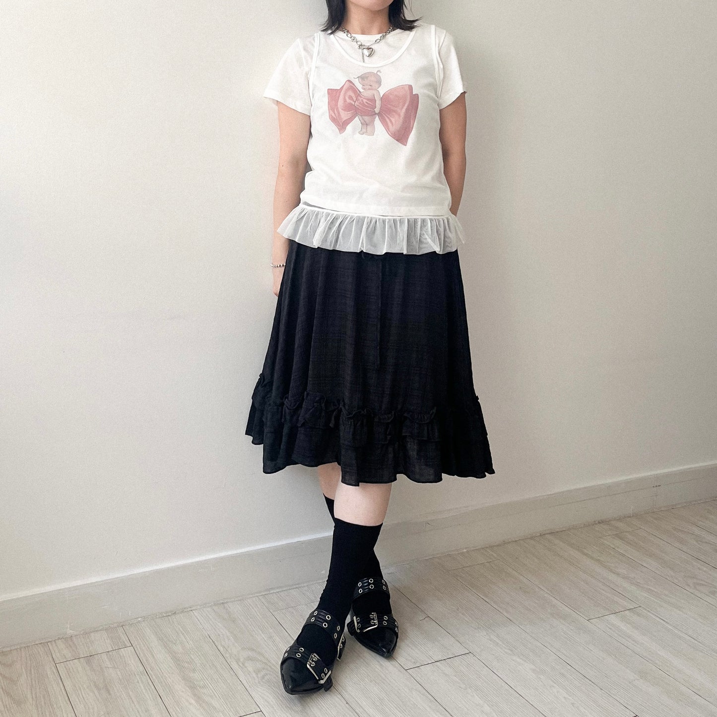 TP639- Baby Ribbon Top | White | Charcoal