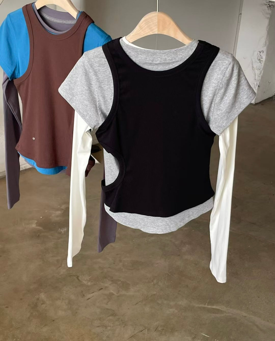 "早鳥優惠" TP662- 撞色3件裝縷空上衣 | Brown x Blue | White x Black