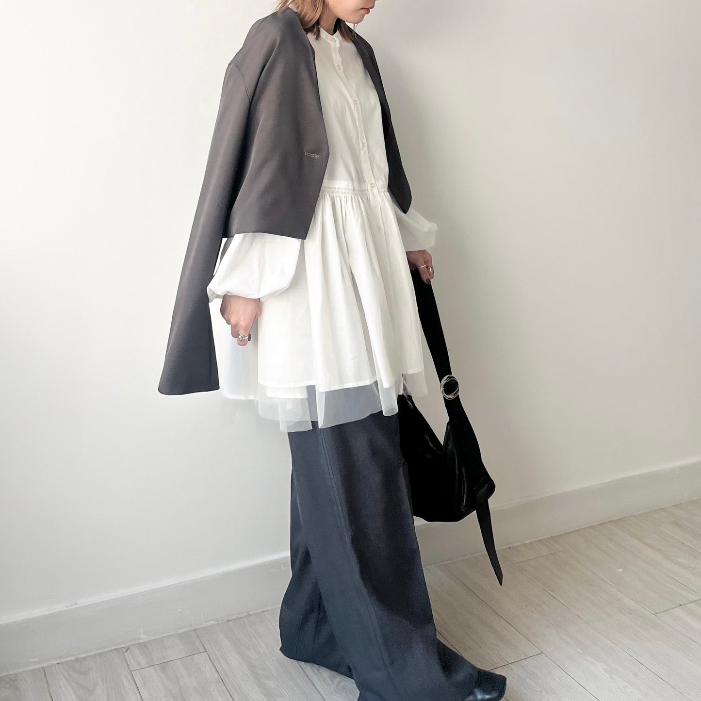 JK20- Collarless Short Jacket | Grey | Black