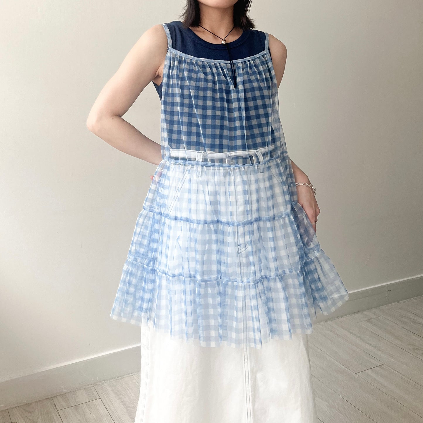 TP496- See-through Checked Top | Blue| Grey