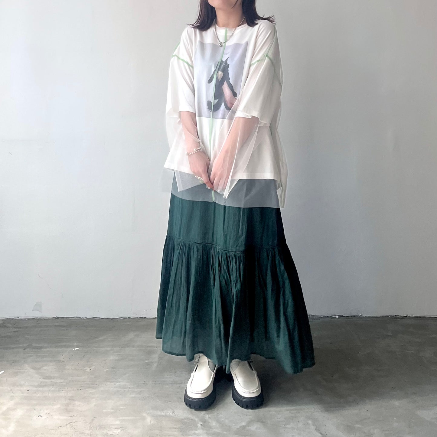 TP172- See through Long Tee | Ivory | Blue Green | Black