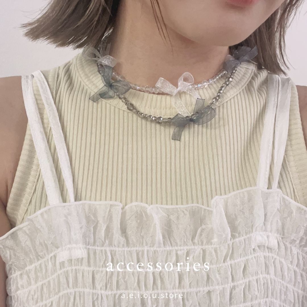 AC128- Three Silk Ribbon Necklace | White | Grey