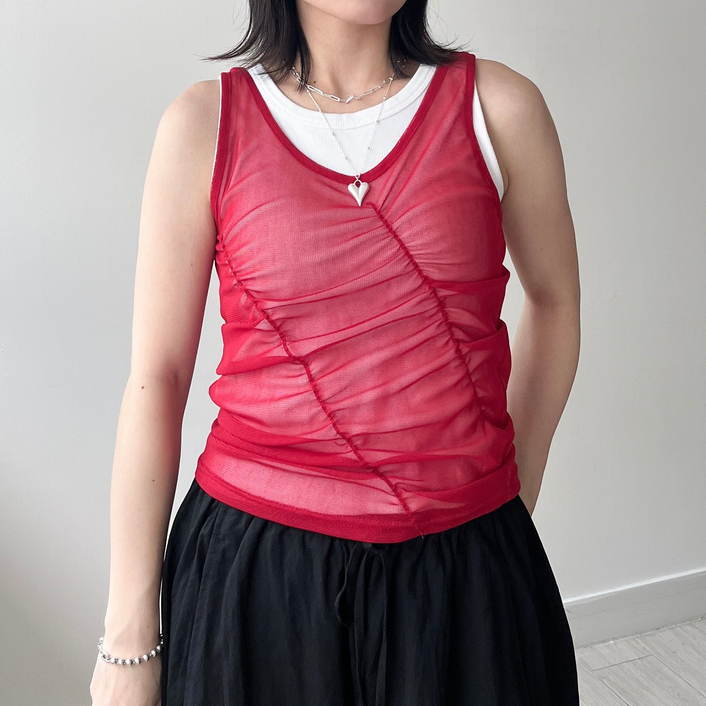 TP645- 斜Cut See-thought Vest Top | White | Red | Grey