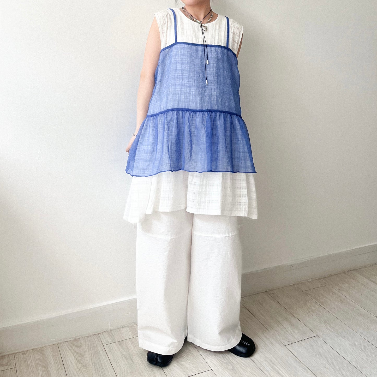 TP641- See-though Checked Vest | White | Blue | Black