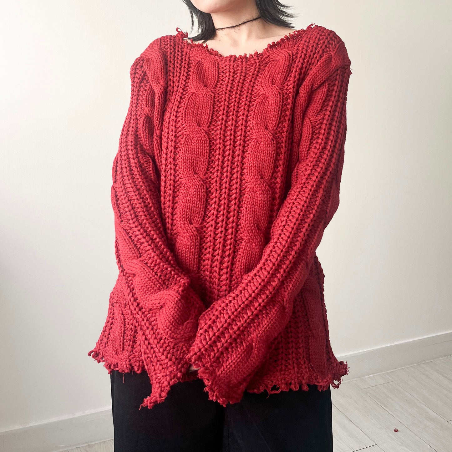 TP443- 破邊粗冷衫 | Ivory | Red | Grey | Black