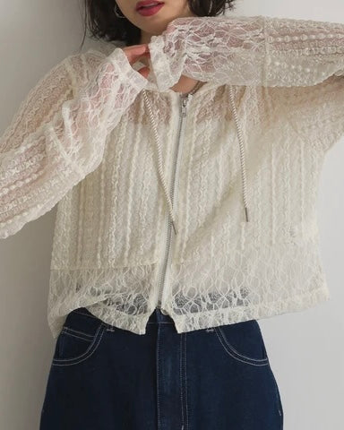 TP732- Zipped Switching Lace Top | Ivory | Black