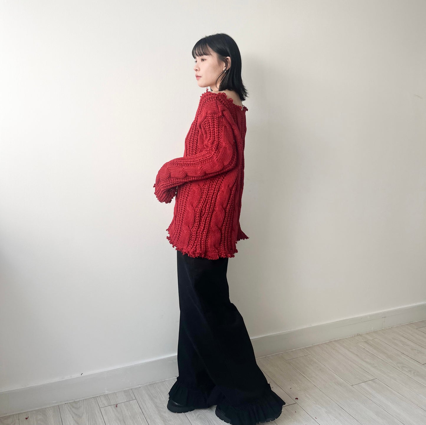 TP443- 破邊粗冷衫 | Ivory | Red | Grey | Black