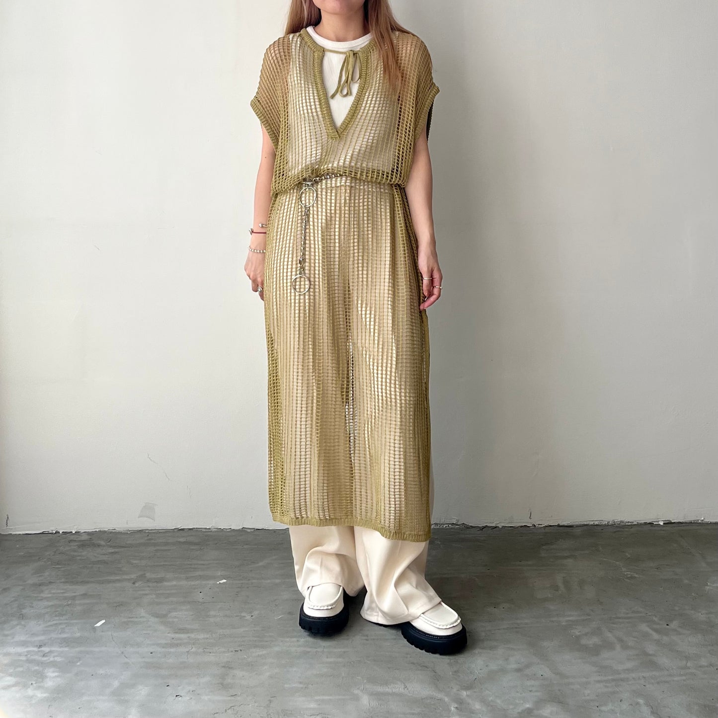 OP40- Long Knit One Piece | Ivory | Green