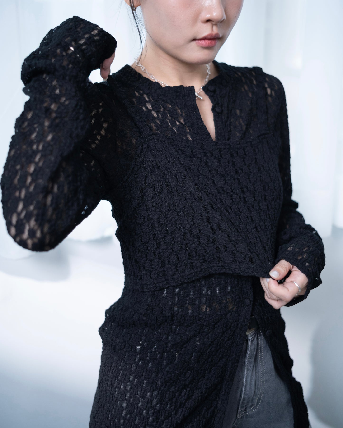 TP665- Lace Flower Set Blouse | Ivory | Black