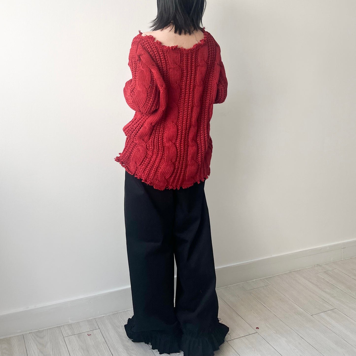TP443- 破邊粗冷衫 | Ivory | Red | Grey | Black