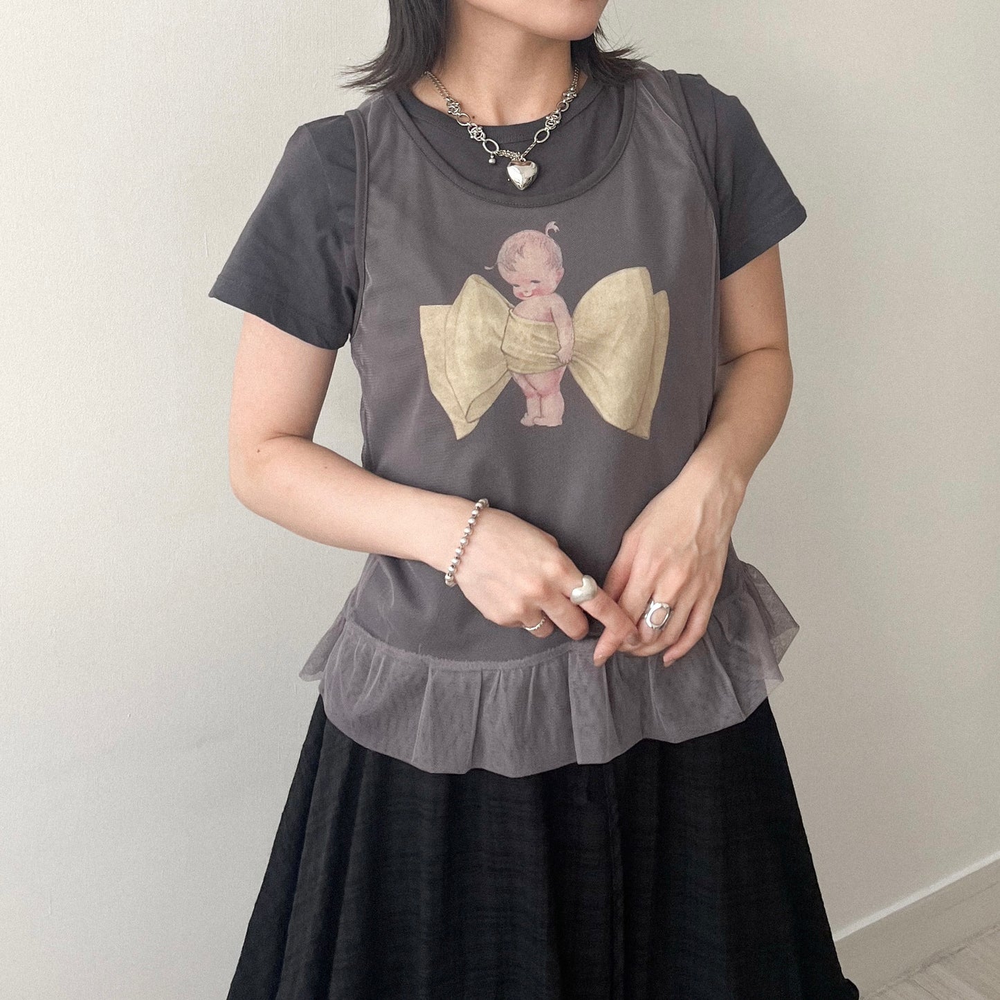 TP639- Baby Ribbon Top | White | Charcoal