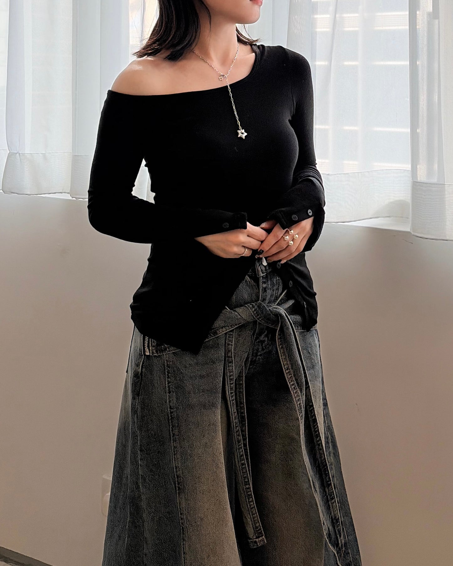 TP720- 斜肩貼身Button Cotton Top | White | Grey | Black