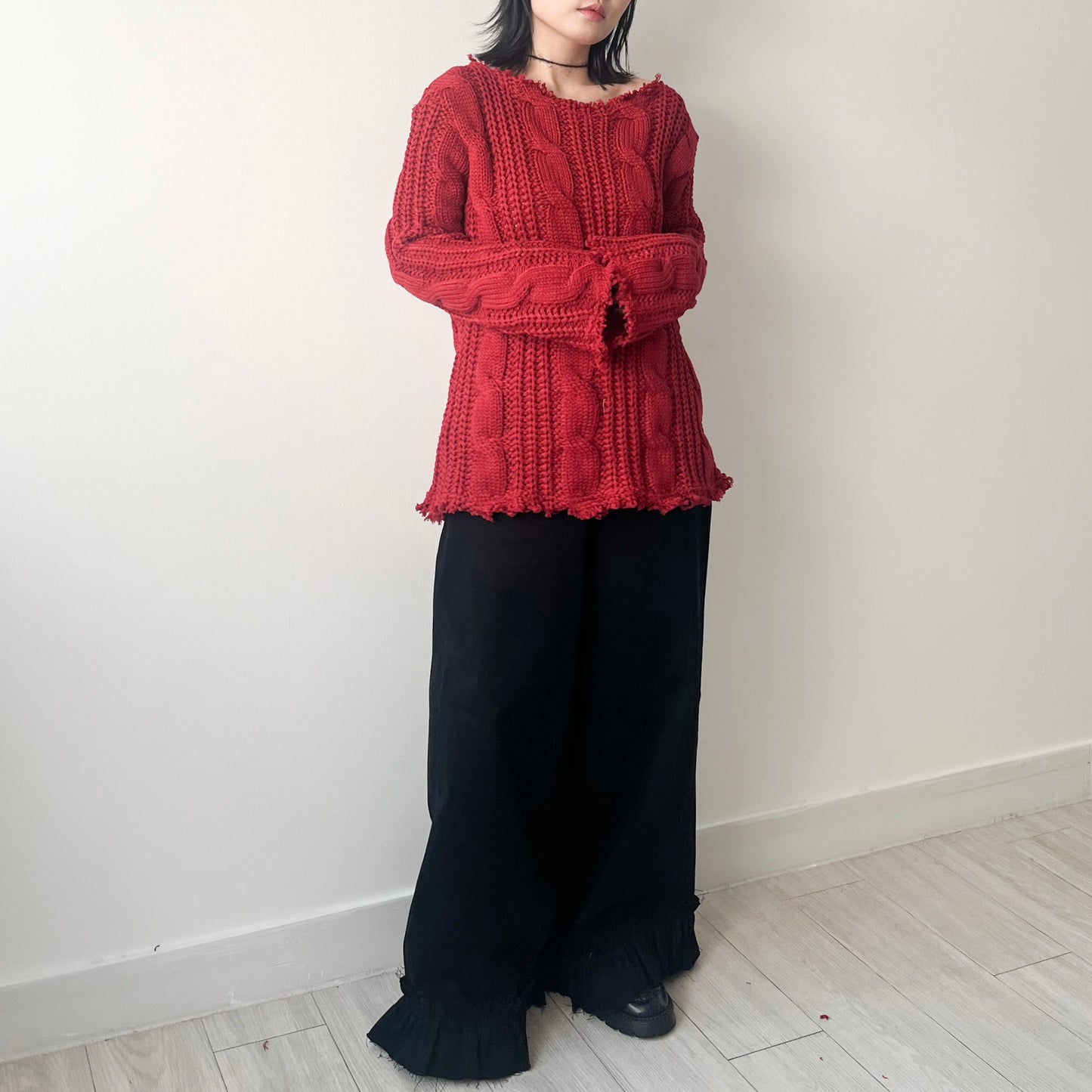 TP443- 破邊粗冷衫 | Ivory | Red | Grey | Black