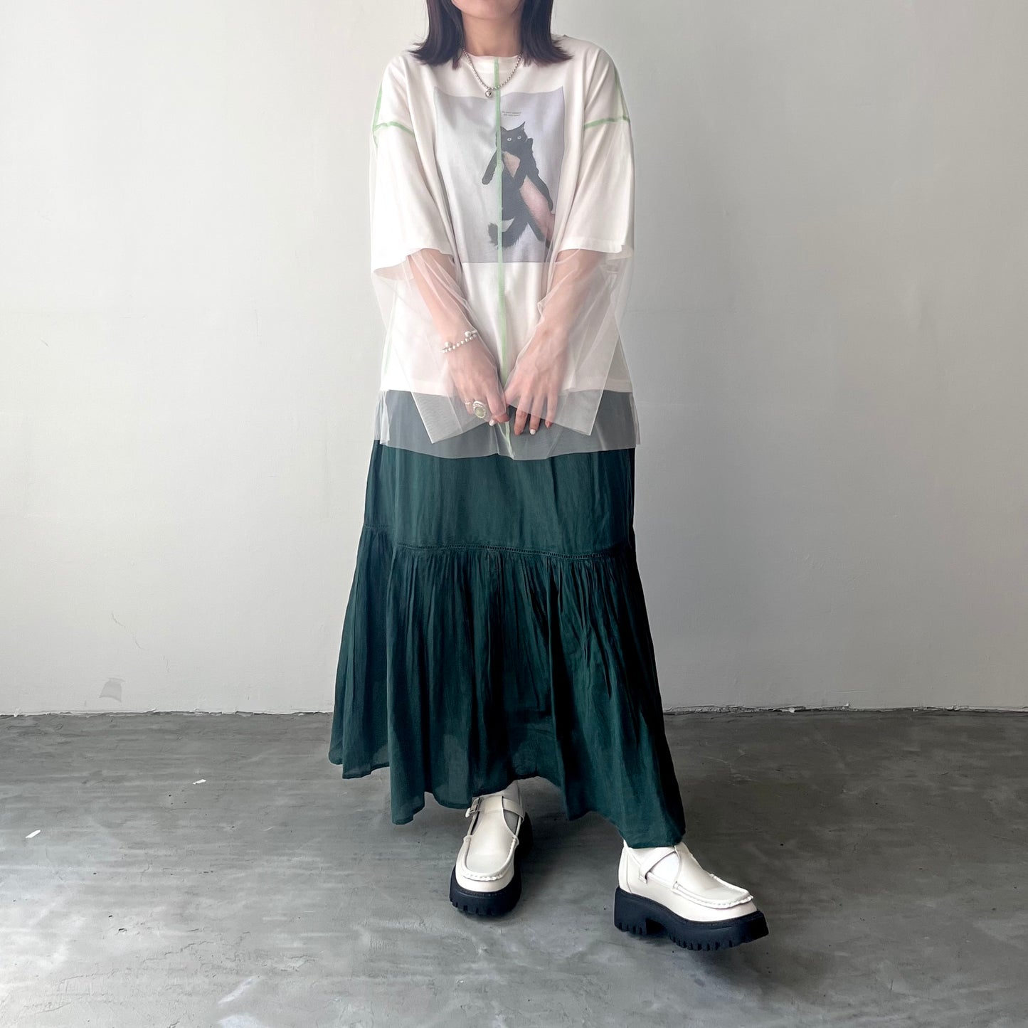 TP172- See through Long Tee | Ivory | Blue Green | Black