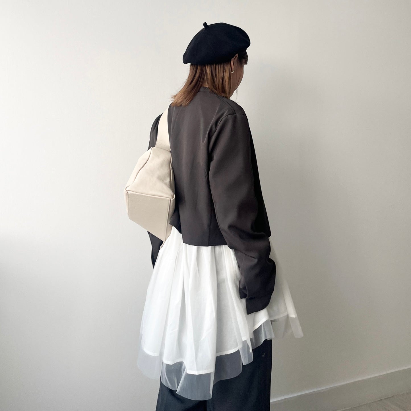 JK20- Collarless Short Jacket | Grey | Black