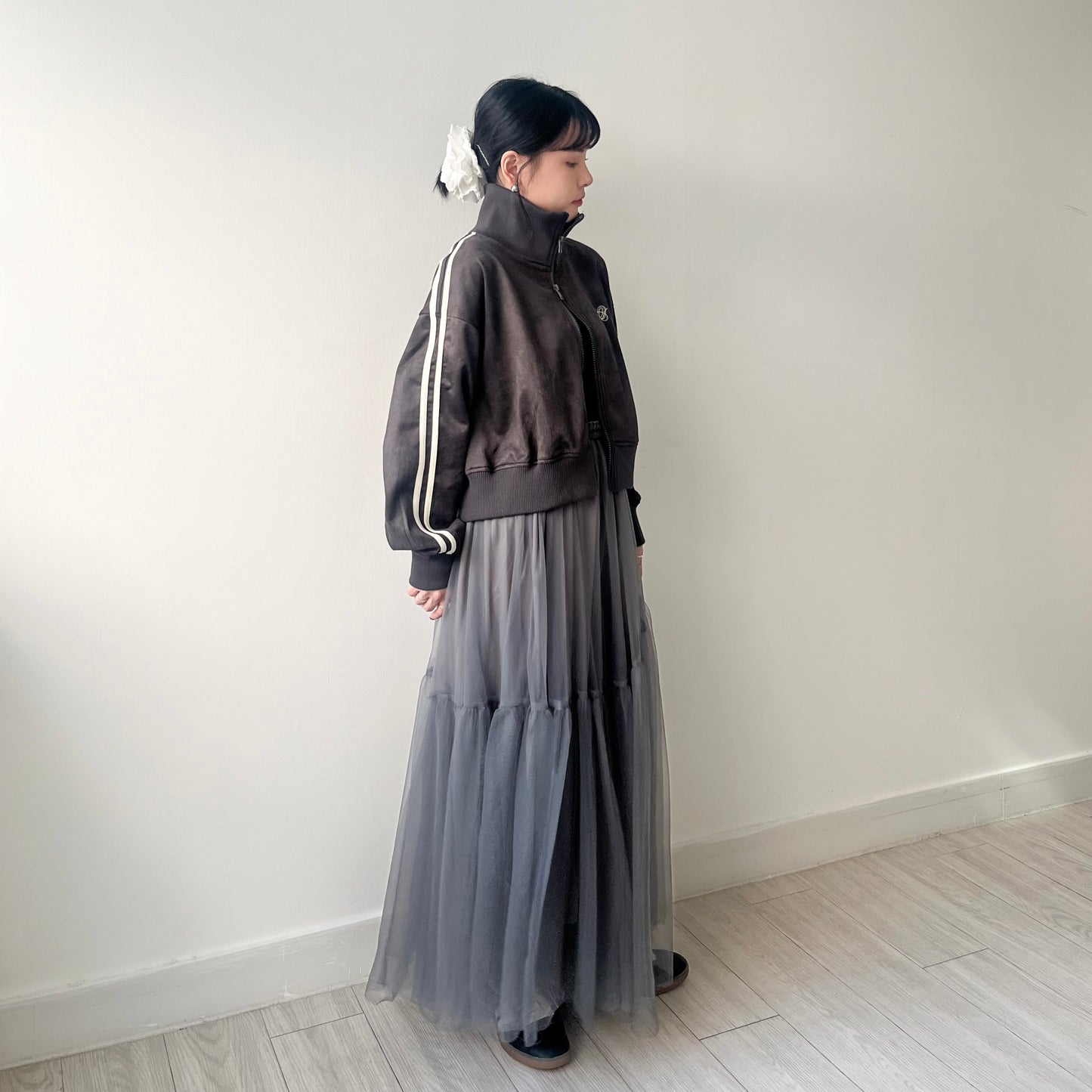 JK33- Cropped Track Jacket | Ivory | Brown | Charcoal