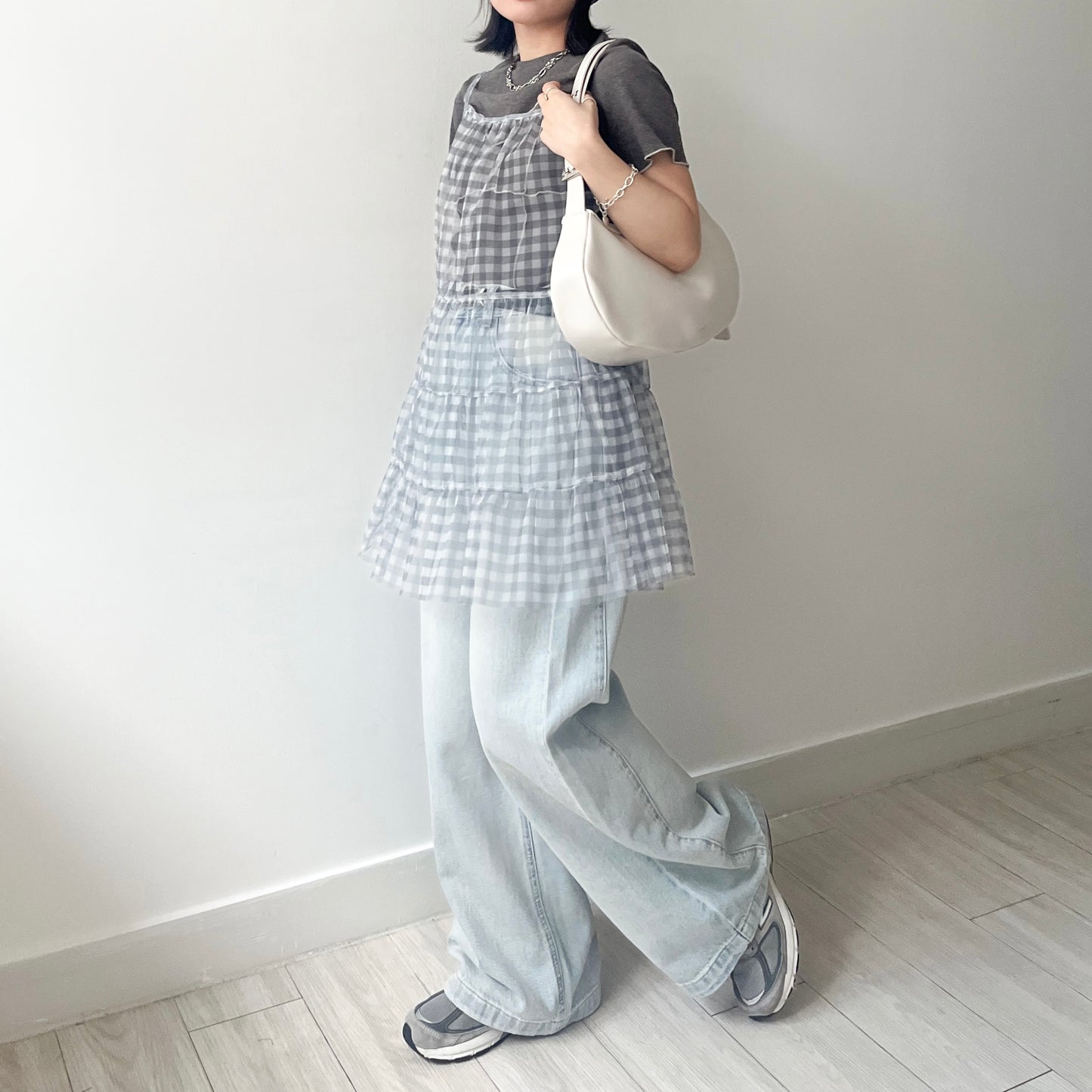 TP496- See-through Checked Top | Blue| Grey
