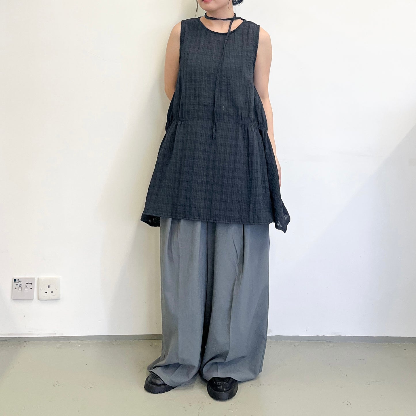 TP660- Back Ribbon Checked Vest Top | Grey | Navy