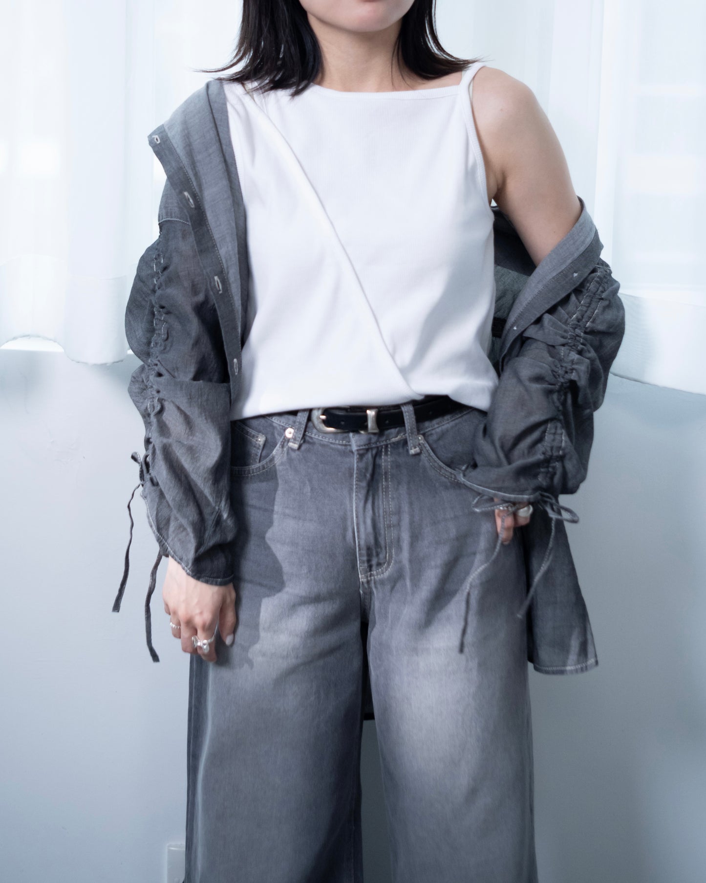 TP667- Soft Denim Drawsting Shirt | Light Blue | Blue | Black