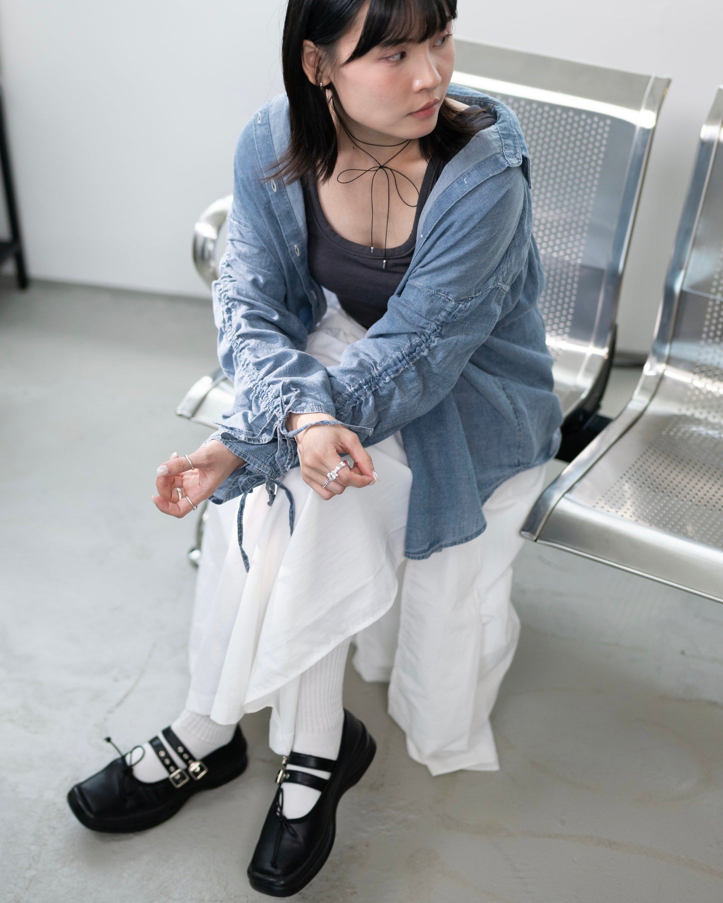 TP667- Soft Denim Drawsting Shirt | Light Blue | Blue | Black