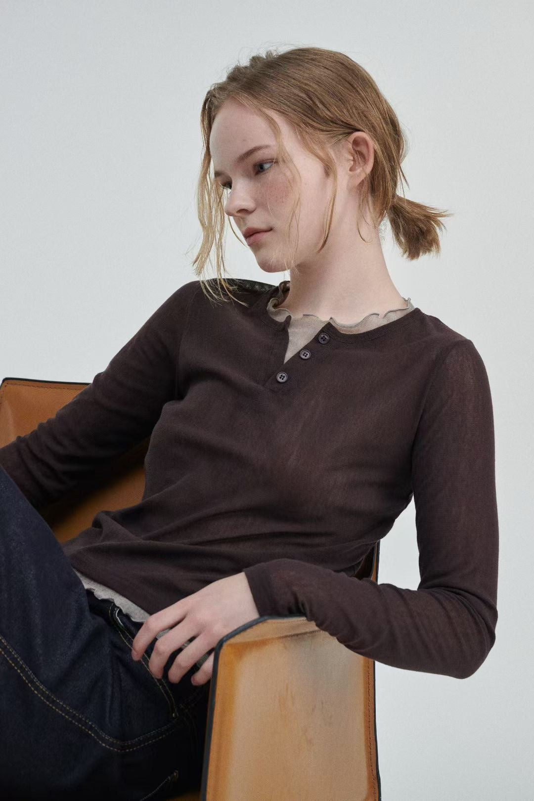 "早鳥優惠" TP665- layer Sheer Top | Brown | Navy