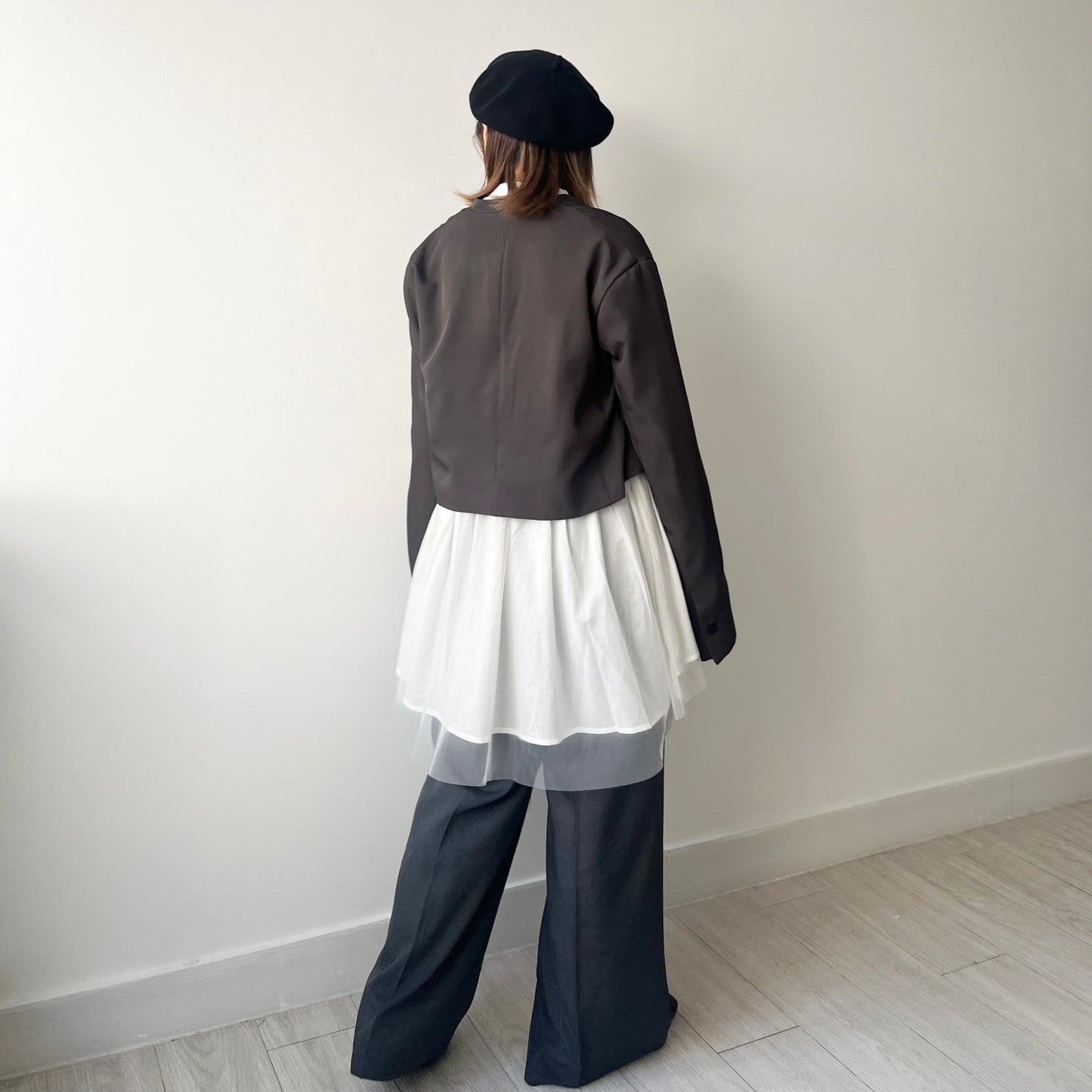 JK20- Collarless Short Jacket | Grey | Black