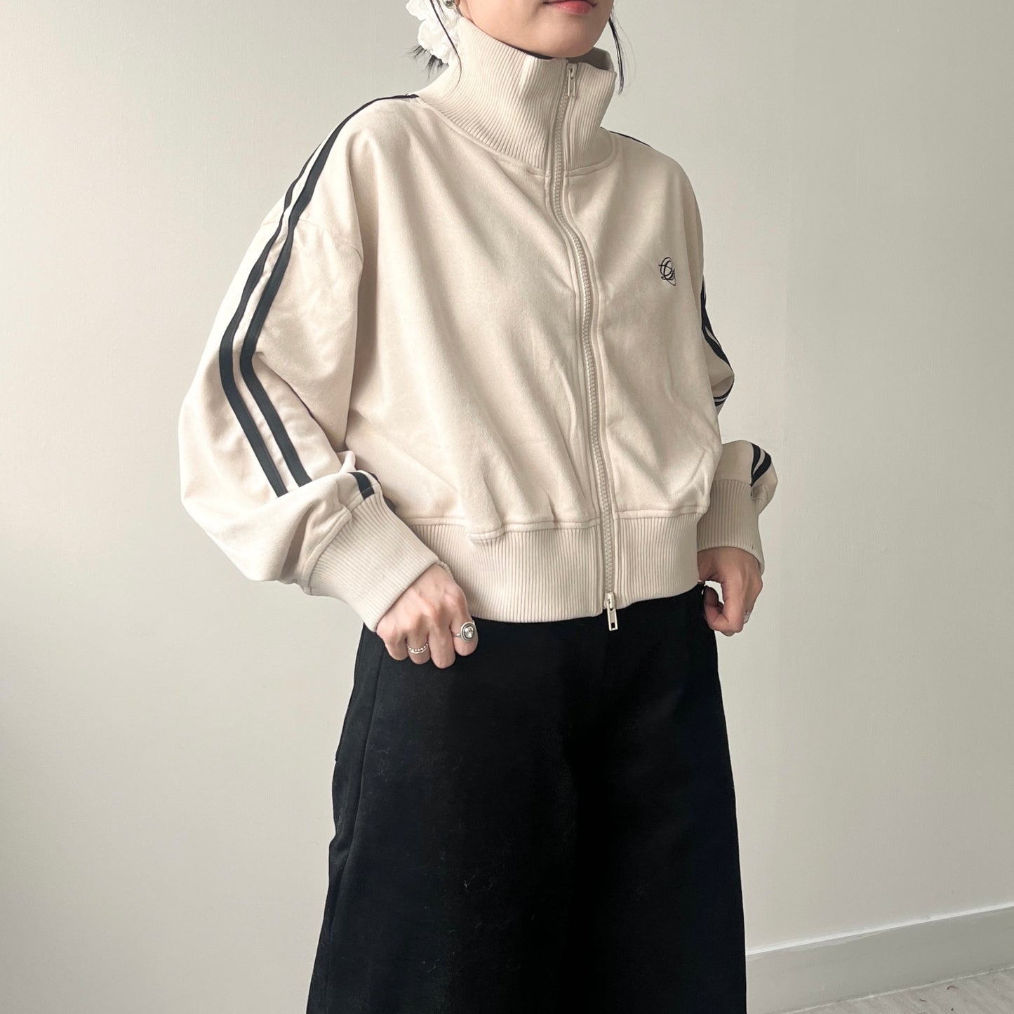 JK33- Cropped Track Jacket | Ivory | Brown | Charcoal
