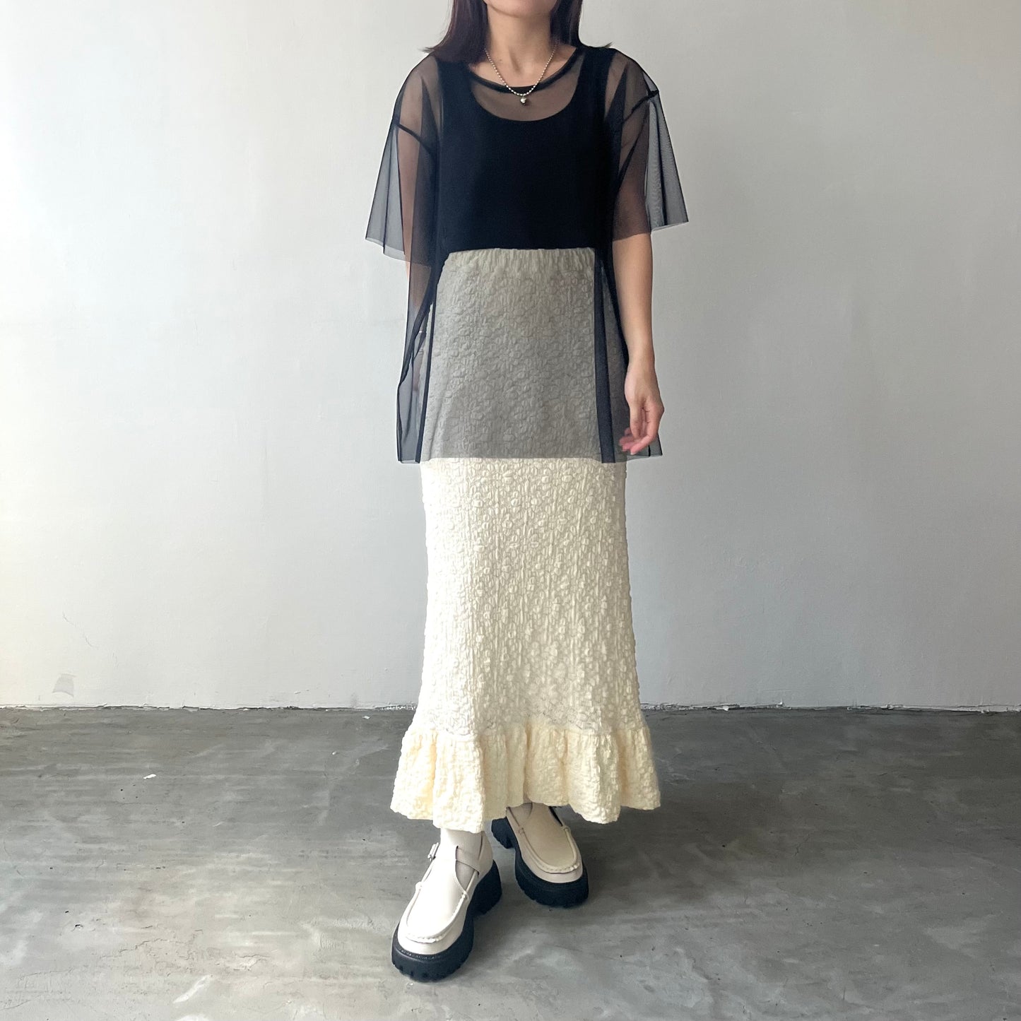 SK35- Flower Print Skirt | Ivory | Black